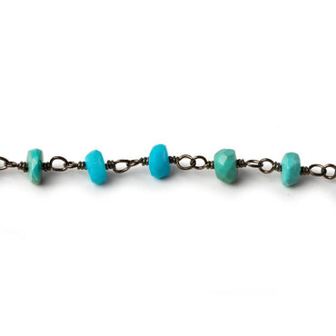 3.5-4mm Sleeping Beauty Turquoise faceted rondelle Black Gold .925 Silver Chain by the foot (ONLINE ORDER ONLY)