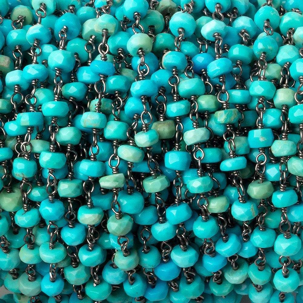 3.5-4mm Sleeping Beauty Turquoise faceted rondelle Black Gold .925 Silver Chain by the foot (ONLINE ORDER ONLY)