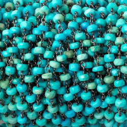 3.5-4mm Sleeping Beauty Turquoise faceted rondelle Black Gold .925 Silver Chain by the foot (ONLINE ORDER ONLY)