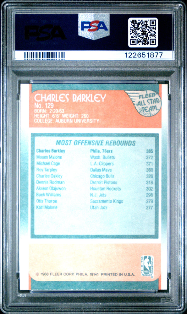 Graded 1988-89 Fleer Charles Barkley #129 Basketball Card PSA 8 Near Mint (ONLINE ORDER ONLY)