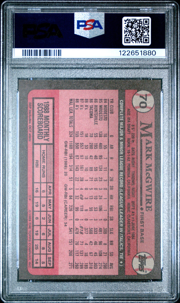 Graded 1989 Topps Mark McGwire #70 Baseball Card PSA 8 Near Mint (ONLINE ORDER ONLY)