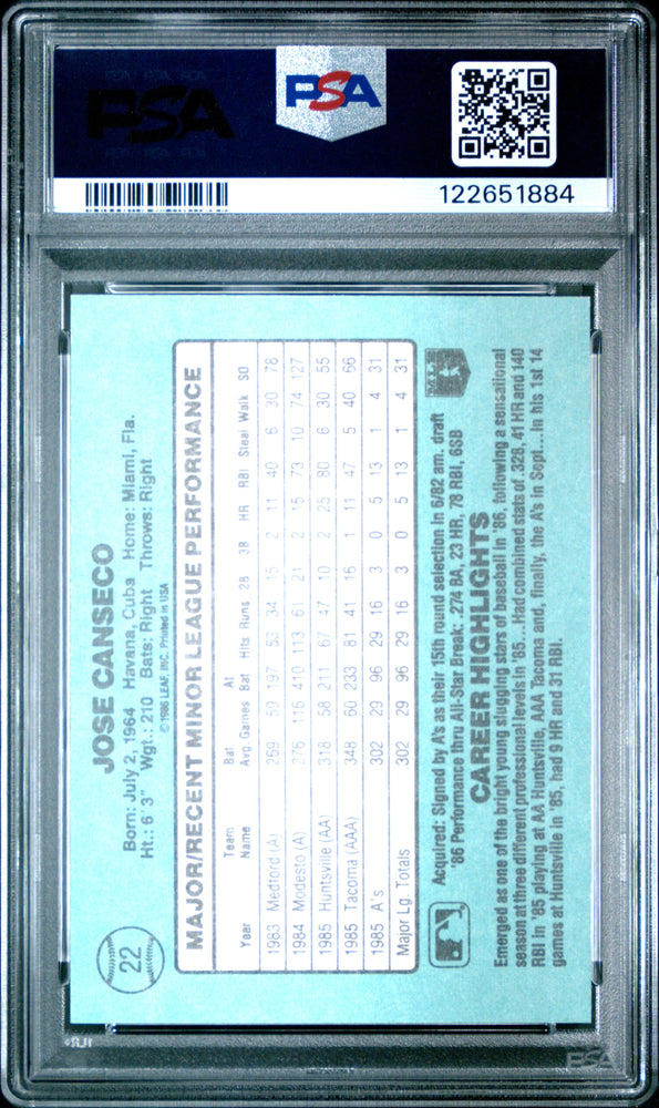 Graded 1986 Donruss The Rookies Jose Canseco #22 Baseball Card PSA 8 Near Mint (ONLINE ORDER ONLY)