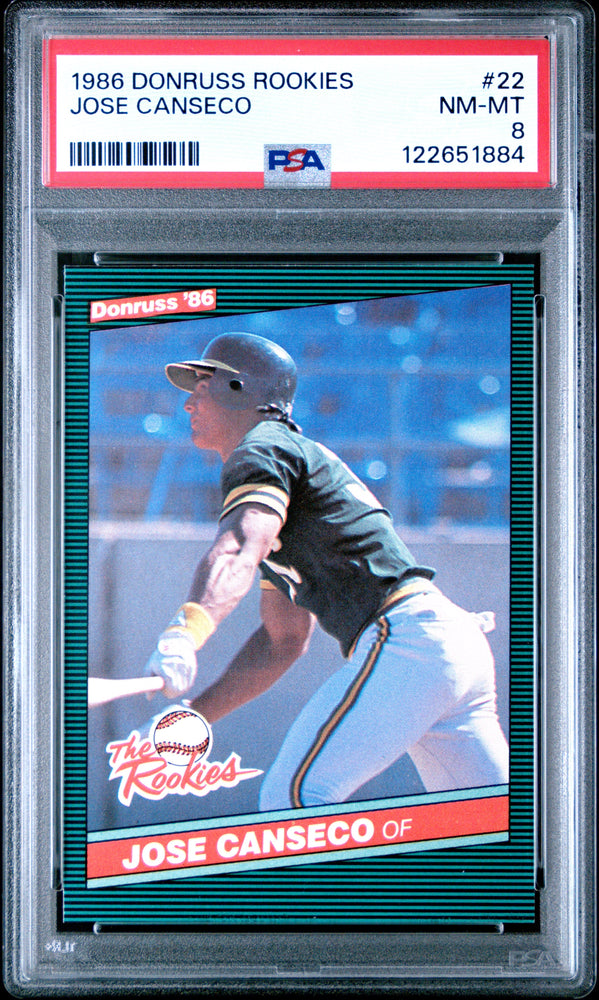 Graded 1986 Donruss The Rookies Jose Canseco #22 Baseball Card PSA 8 Near Mint (ONLINE ORDER ONLY)