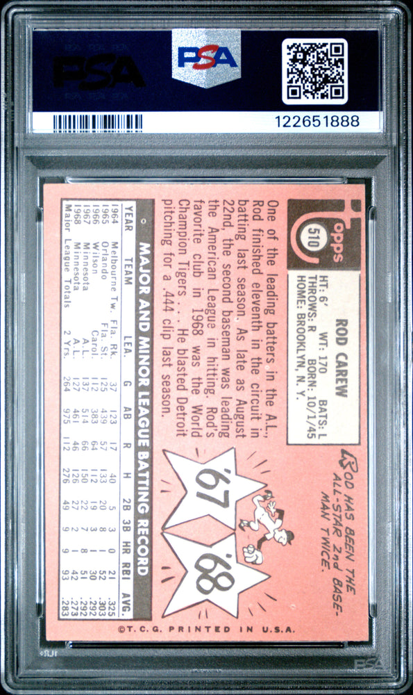 Graded 1969 Topps Rod Carew #510 Baseball Card PSA 4 Very Good (ONLINE ORDER ONLY)