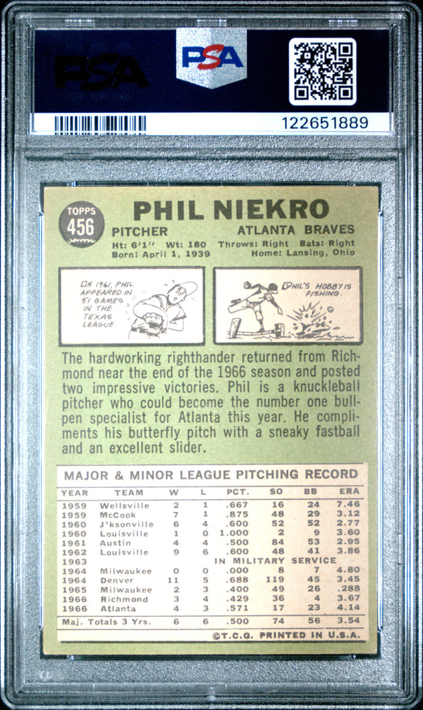 Graded 1967 Topps Phil Niekro #456 Baseball Card PSA 4 Very Good (ONLINE ORDER ONLY)