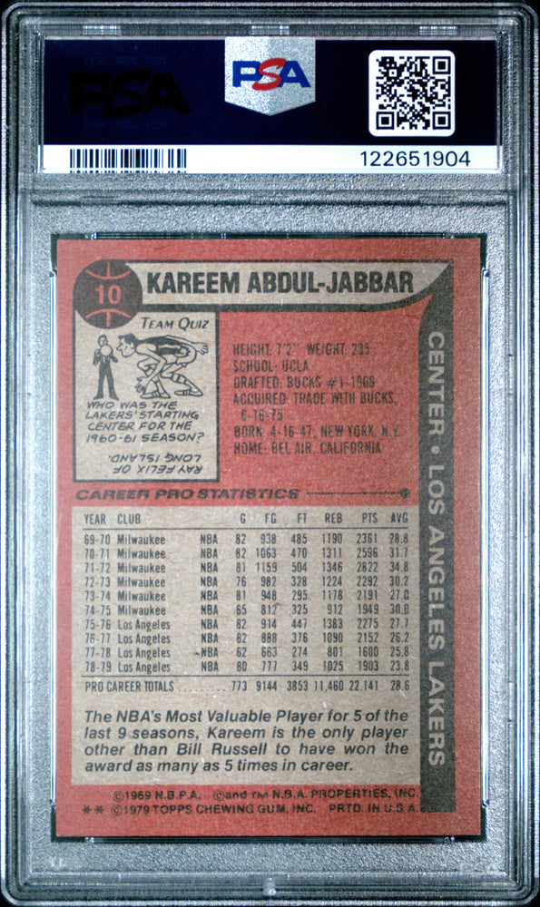 Graded 1979-80 Topps Kareem Abdul-Jabbar #10 Basketball Card PSA 6 Excellent (ONLINE ORDER ONLY)
