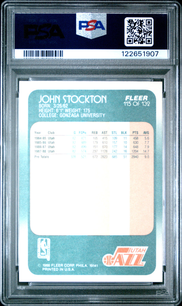 Graded 1988-89 Fleer John Stockton #115 Rookie RC Basketball Card PSA 8 Near Mint (ONLINE ORDER ONLY)