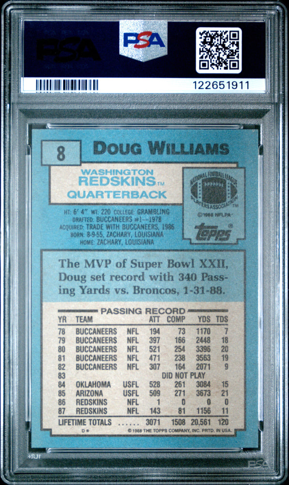 Graded 1988 Topps Doug Williams #8 Football Card PSA 9 Mint (ONLINE ORDER ONLY)