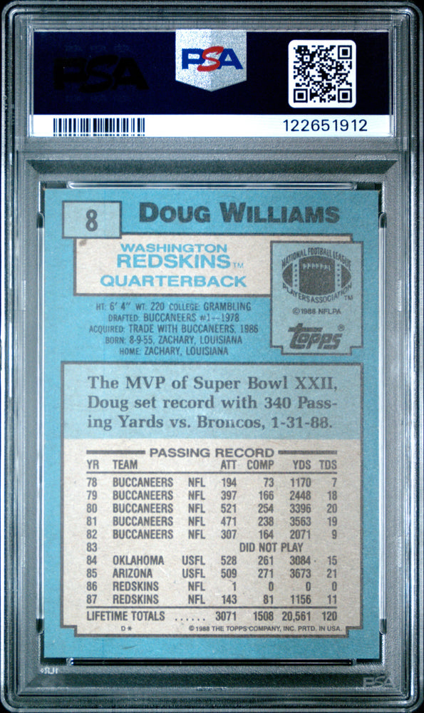 Graded 1988 Topps Doug Williams #8 Football Card PSA 8 Near Mint (ONLINE ORDER ONLY)