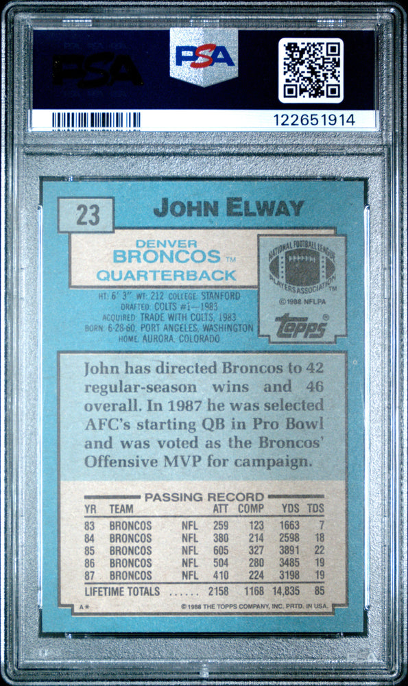 Graded 1988 Topps John Elway #23 Football Card PSA 9 Mint (ONLINE ORDER ONLY)