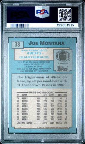 Graded 1988 Topps Joe Montana #38 Football Card PSA 8 Near Mint (ONLINE ORDER ONLY)
