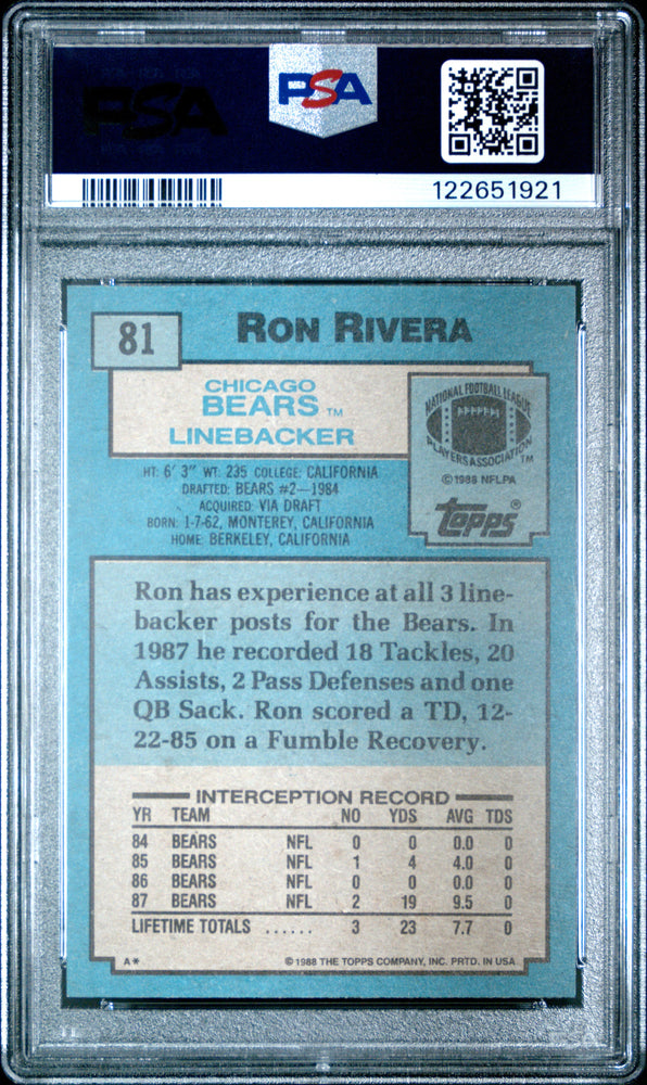 Graded 1988 Topps Ron Rivera #81 Rookie RC Football Card PSA 6 Excellent (ONLINE ORDER ONLY)