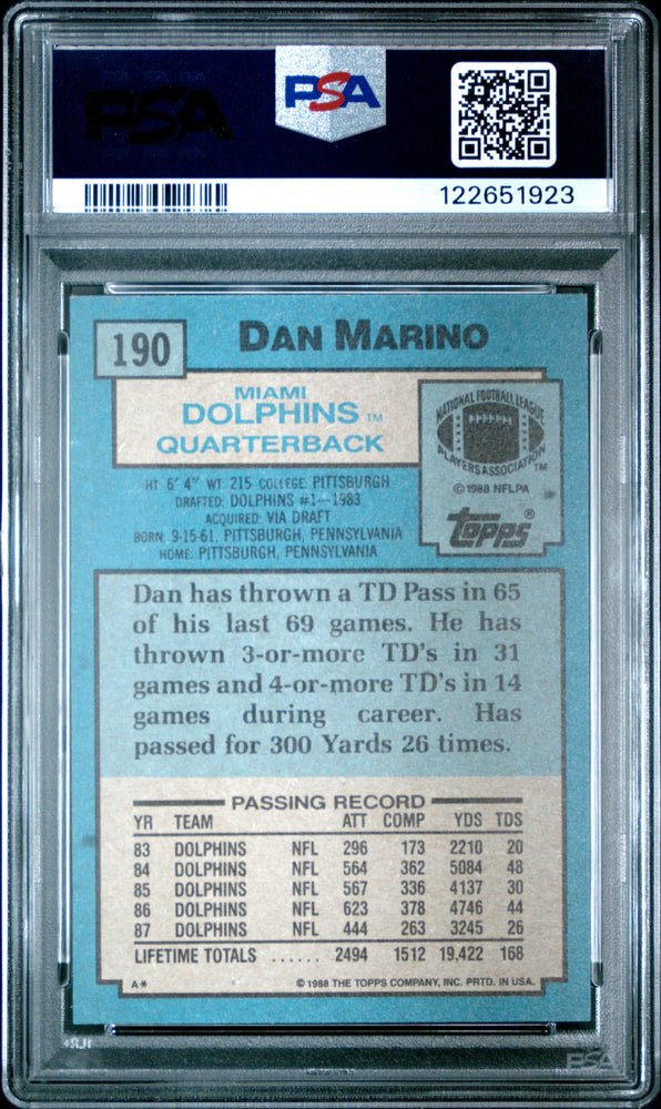 Graded 1988 Topps Dan Marino #190 Football Card PSA 8 Near Mint (ONLINE ORDER ONLY)