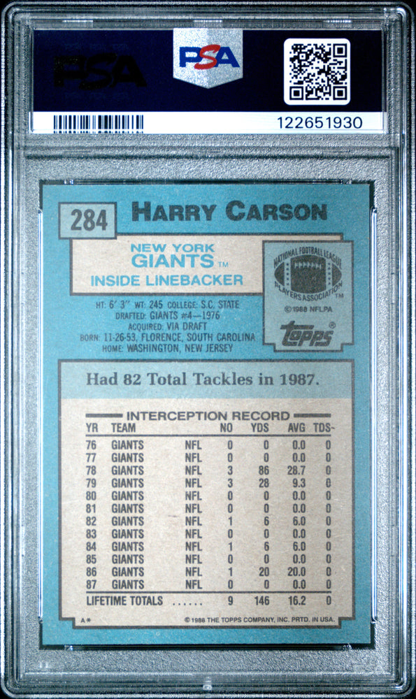 Graded 1988 Topps Harry Carson #284 Football Card PSA 8 Near Mint (ONLINE ORDER ONLY)