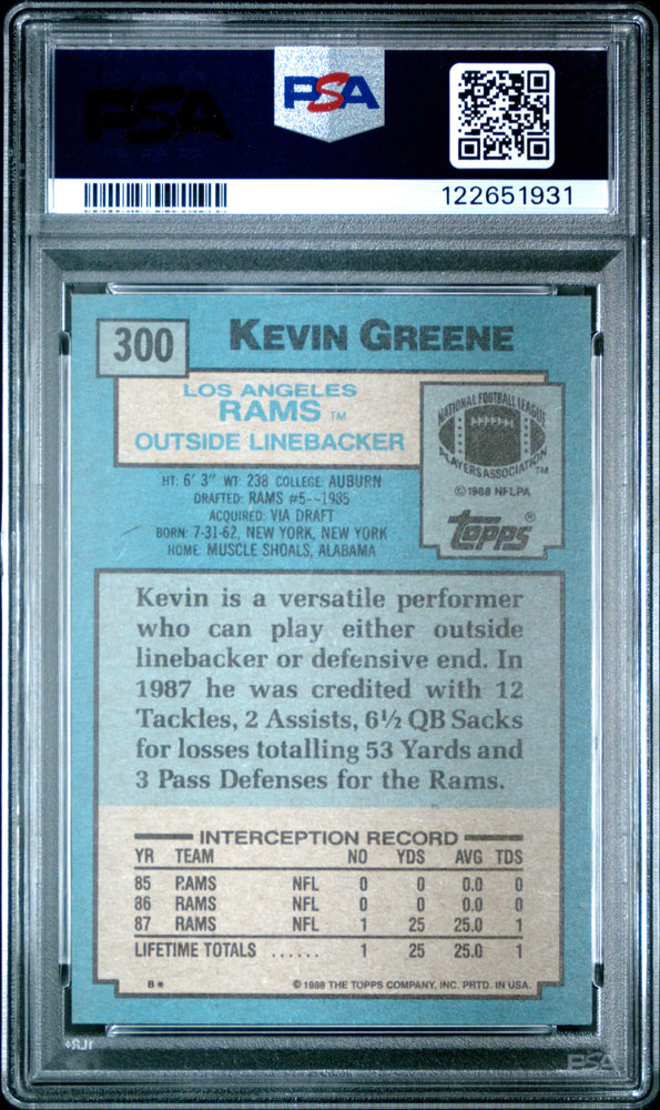 Graded 1988 Topps Kevin Greene #300 Rookie RC Football Card PSA 9 Mint (ONLINE ORDER ONLY)