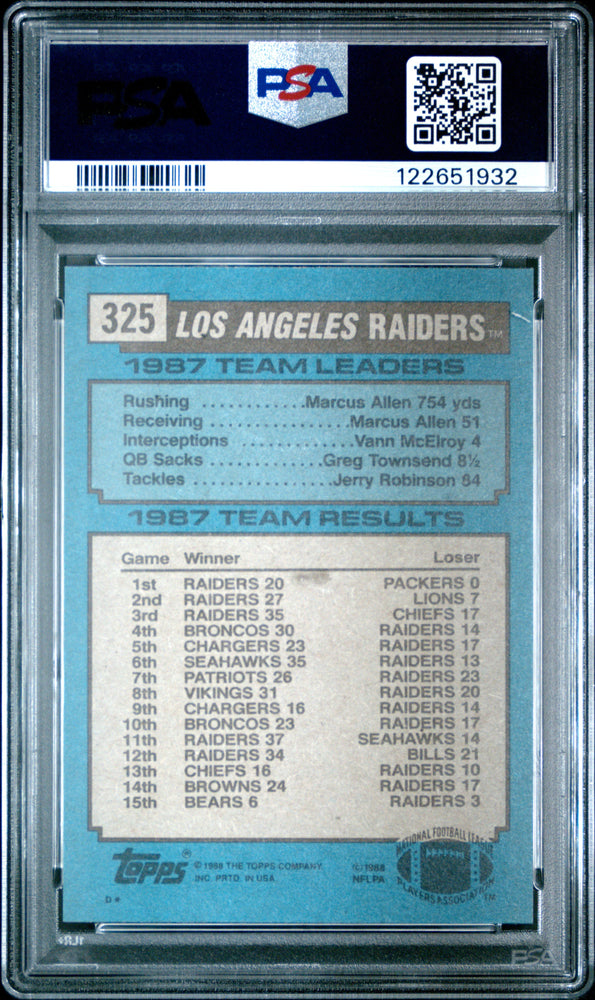 Graded 1988 Topps Raiders Team Leaders - Bo Jackson #325 Football Card PSA 6 Excellent (ONLINE ORDER ONLY)