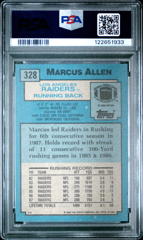 Graded 1988 Topps Marcus Allen #328 Football Card PSA 9 Mint (ONLINE ORDER ONLY)