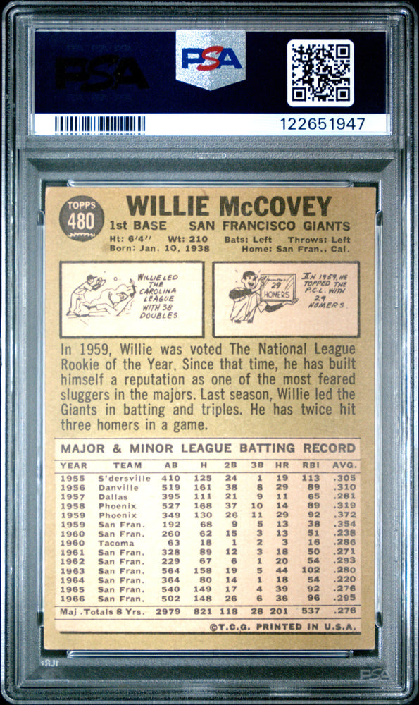 Graded 1967 Topps Willie McCovey #480 Baseball Card PSA 3 Very Good (ONLINE ORDER ONLY)