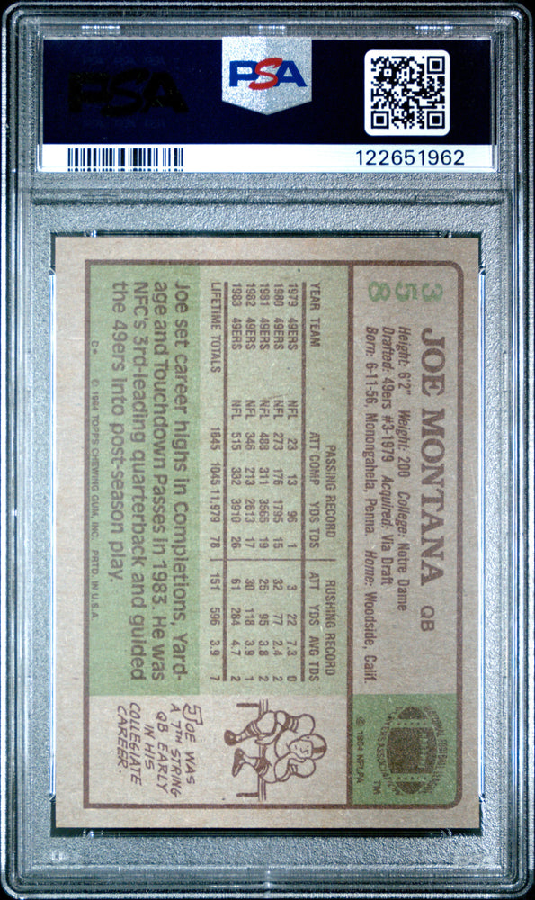 Graded 1984 Topps Joe Montana #358 Football Card PSA 8 Near Mint (ONLINE ORDER ONLY)