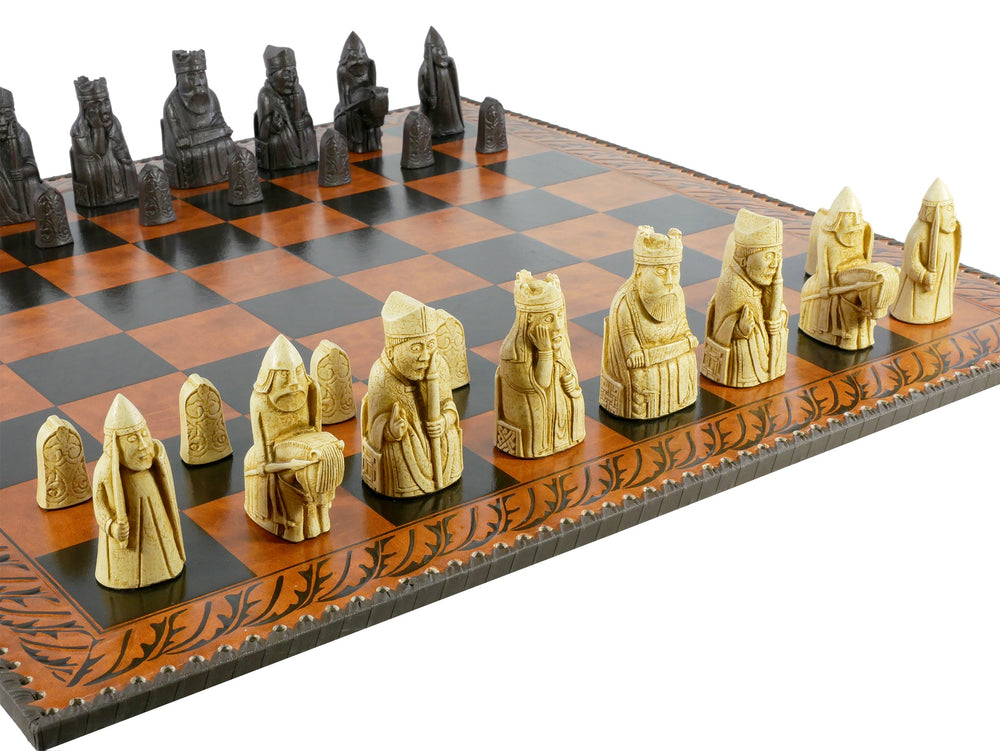 Chess Set - Isle of Lewis Resin Chessmen on Faux Leather Chess Board (ONLINE ORDER ONLY)
