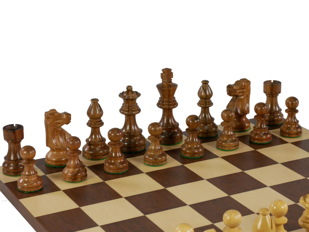 Chess Set - Kikkerwood/Natural Boxwood French Knight Men on Dark Rosewood/Maple Basic Board (ONLINE ORDER ONLY)