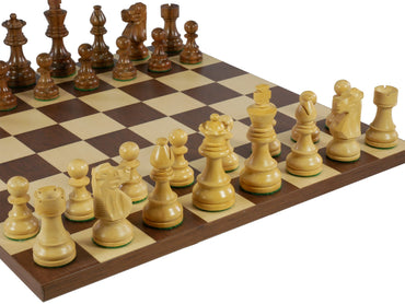 Chess Set - Kikkerwood/Natural Boxwood French Knight Men on Dark Rosewood/Maple Basic Board (ONLINE ORDER ONLY)