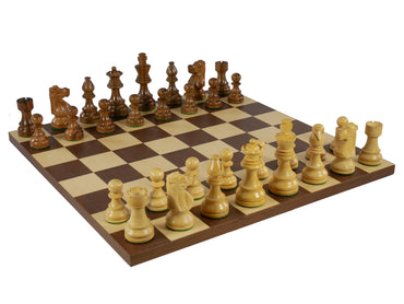 Chess Set - Kikkerwood/Natural Boxwood French Knight Men on Dark Rosewood/Maple Basic Board (ONLINE ORDER ONLY)
