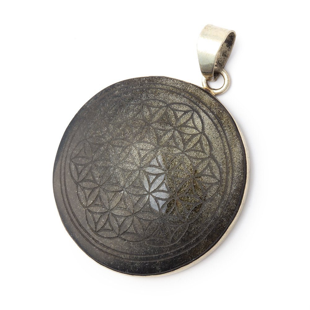 35mm .925 Silver Bezel Golden Sheen Obsidian Carved Coin Pendant 1 piece (ONLINE ORDER ONLY)