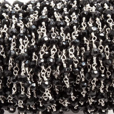 3.5mm to 4mm Black Agate faceted rondelle Silver plated Chain by the foot 35 beads (ONLINE ORDER ONLY)
