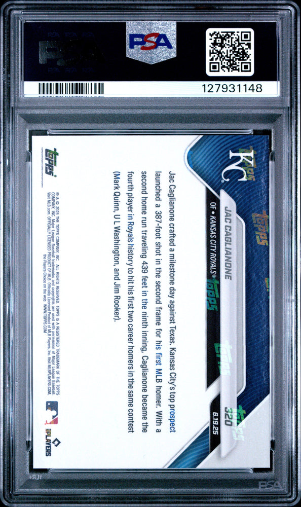 Graded 2025 Topps Now Jac Caglianone #320 Rookie RC Baseball Card PSA 10 Gem Mint (ONLINE ORDER ONLY)