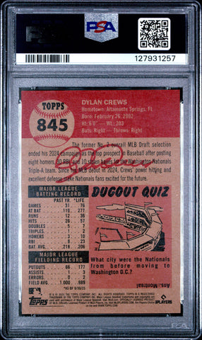 Graded 2025 Topps Living Dylan Crews #845 Rookie RC Baseball Card PSA 10 Gem Mint (ONLINE ORDER ONLY)