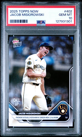 Graded 2025 Topps Now Jacob Misiorowski #402 Rookie RC Baseball Card PSA 10 Gem Mint (ONLINE ORDER ONLY)