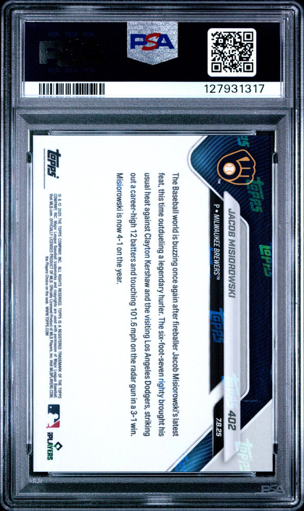 Graded 2025 Topps Now Jacob Misiorowski #402 Rookie RC Baseball Card PSA 9 Mint (ONLINE ORDER ONLY)
