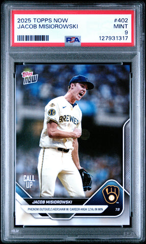 Graded 2025 Topps Now Jacob Misiorowski #402 Rookie RC Baseball Card PSA 9 Mint (ONLINE ORDER ONLY)