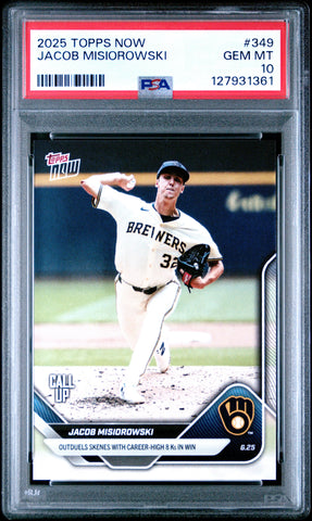 Graded 2025 Topps Now Jacob Misiorowski #349 Rookie RC Baseball Card PSA 10 Gem Mint (ONLINE ORDER ONLY)