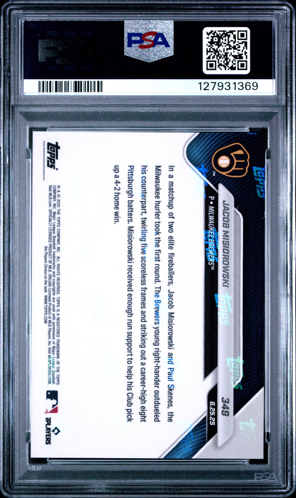 Graded 2025 Topps Now Jacob Misiorowski #349 Rookie RC Baseball Card PSA 9 Mint (ONLINE ORDER ONLY)