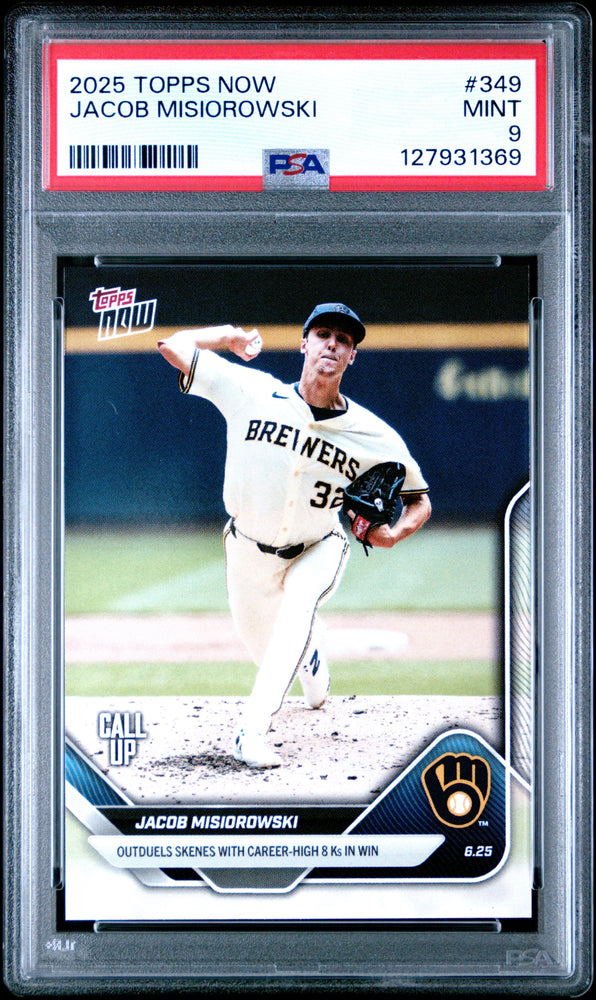 Graded 2025 Topps Now Jacob Misiorowski #349 Rookie RC Baseball Card PSA 9 Mint (ONLINE ORDER ONLY)