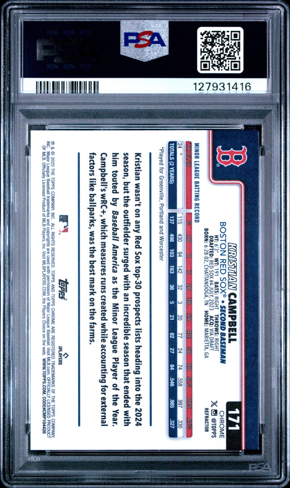 Graded 2025 Topps Chrome Kristian Campbell #171 Refractor Rookie RC Baseball Card PSA 10 Gem Mint (ONLINE ORDER ONLY)