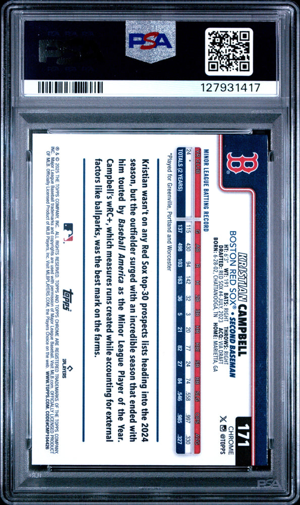 Graded 2025 Topps Chrome Kristian Campbell #171 Sepia Refractor Rookie RC Baseball Card PSA 8 Near Mint (ONLINE ORDER ONLY)