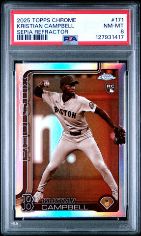 Graded 2025 Topps Chrome Kristian Campbell #171 Sepia Refractor Rookie RC Baseball Card PSA 8 Near Mint (ONLINE ORDER ONLY)