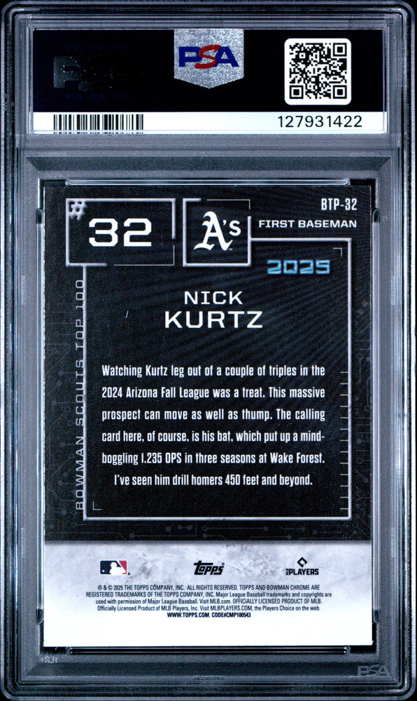 Graded 2025 Topps Bowman Nick Kurtz #BTP32 Bowman Scouts Top 100 Rookie RC Baseball Card PSA 9 Mint