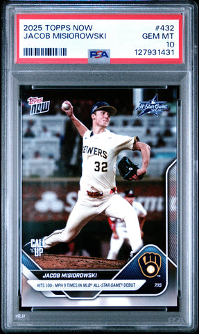 Graded 2025 Topps Now Jacob Misiorowski #432 Rookie RC Baseball Card PSA 10 Gem Mint (ONLINE ORDER ONLY)