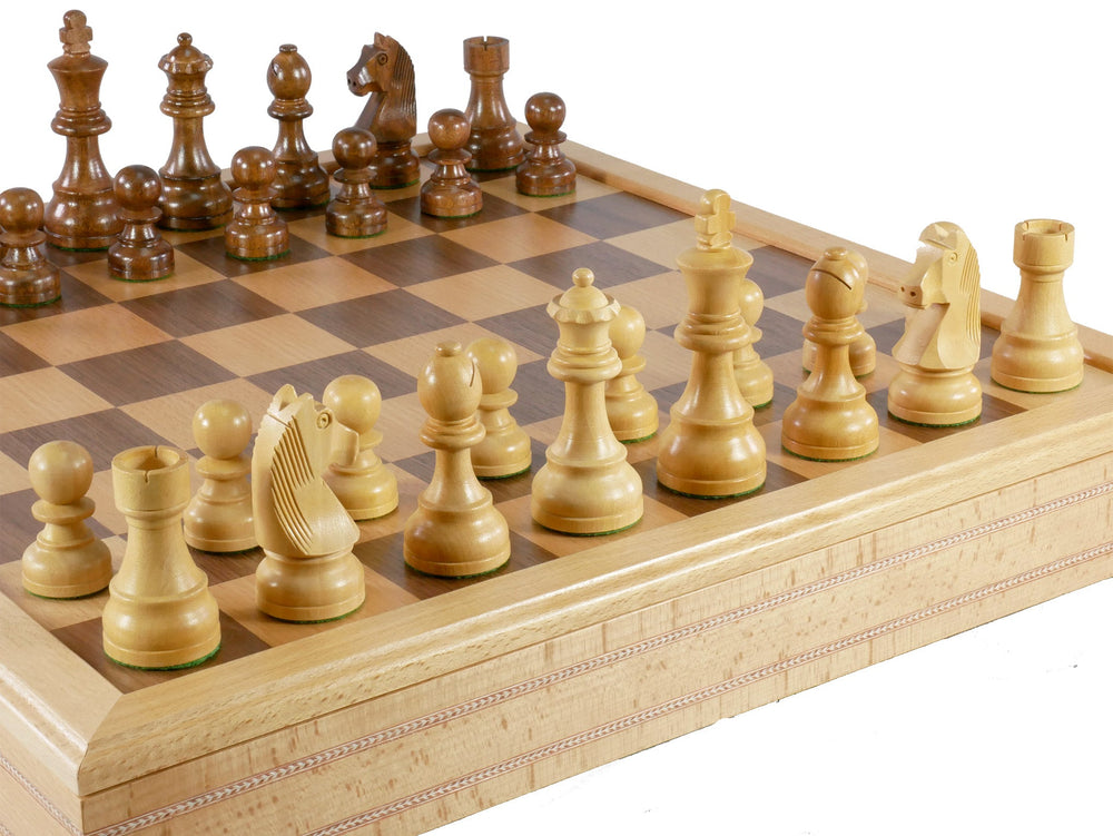Chess Set - 3.75" Acaciawood/Boxwood pieces on Beechwood Chest (ONLINE ORDER ONLY)