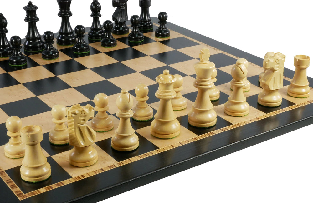 Chess Set- Black French Knight Pieces on Ebony/Birdseye Maple Veneer Chess Board (ONLINE ORDER ONLY)