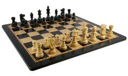 Chess Set- Black French Knight Pieces on Ebony/Birdseye Maple Veneer Chess Board (ONLINE ORDER ONLY)
