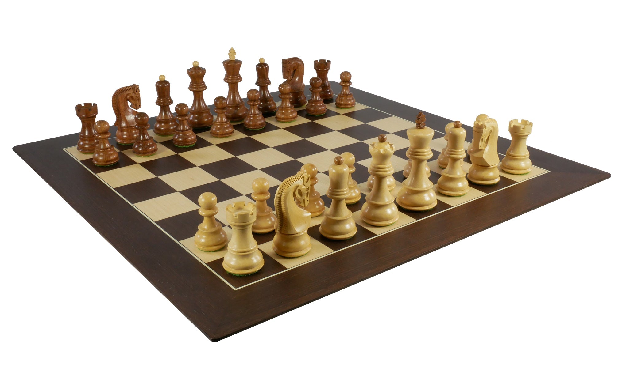 Chess Set- Kikkerwood Old Russian Opposite Tops on Walnut Sycamore Barcelona Chess Board (ONLINE ORDER ONLY)