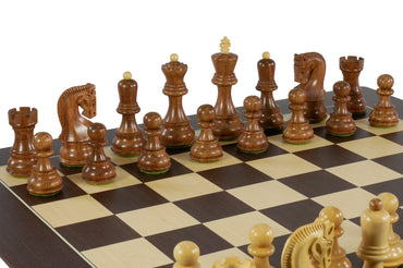 Chess Set- Kikkerwood Old Russian Opposite Tops on Walnut Sycamore Barcelona Chess Board (ONLINE ORDER ONLY)