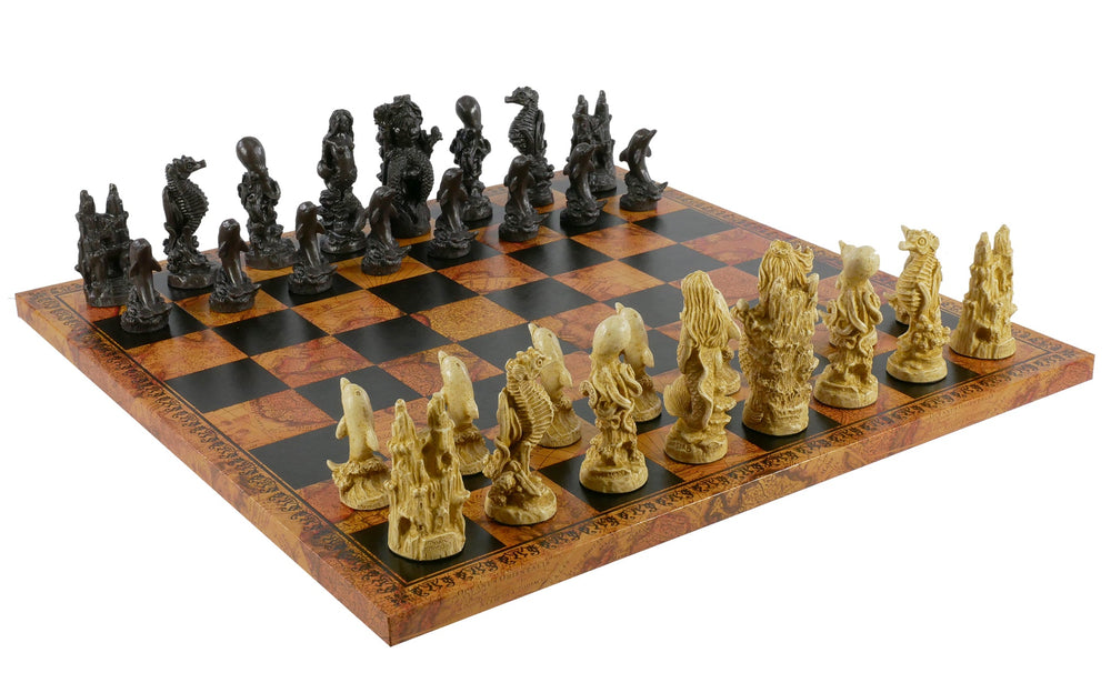 Chess Set - Sea Life Resin Chess Pieces on Faux Leather Old World Map Board (ONLINE ORDER ONLY)