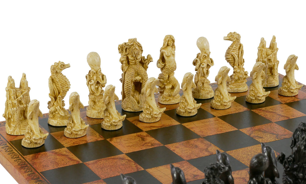 Chess Set - Sea Life Resin Chess Pieces on Faux Leather Old World Map Board (ONLINE ORDER ONLY)