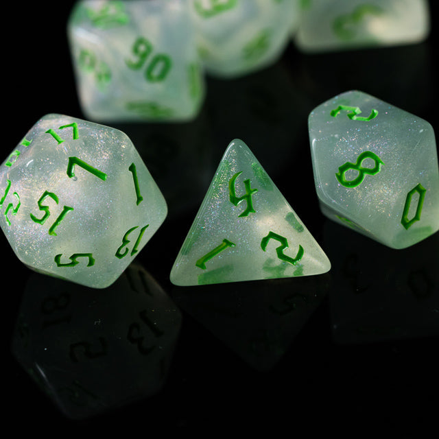 Glitter Party White Glitter Dice (Green font) 7-Dice Set RPG DND (Online Only)